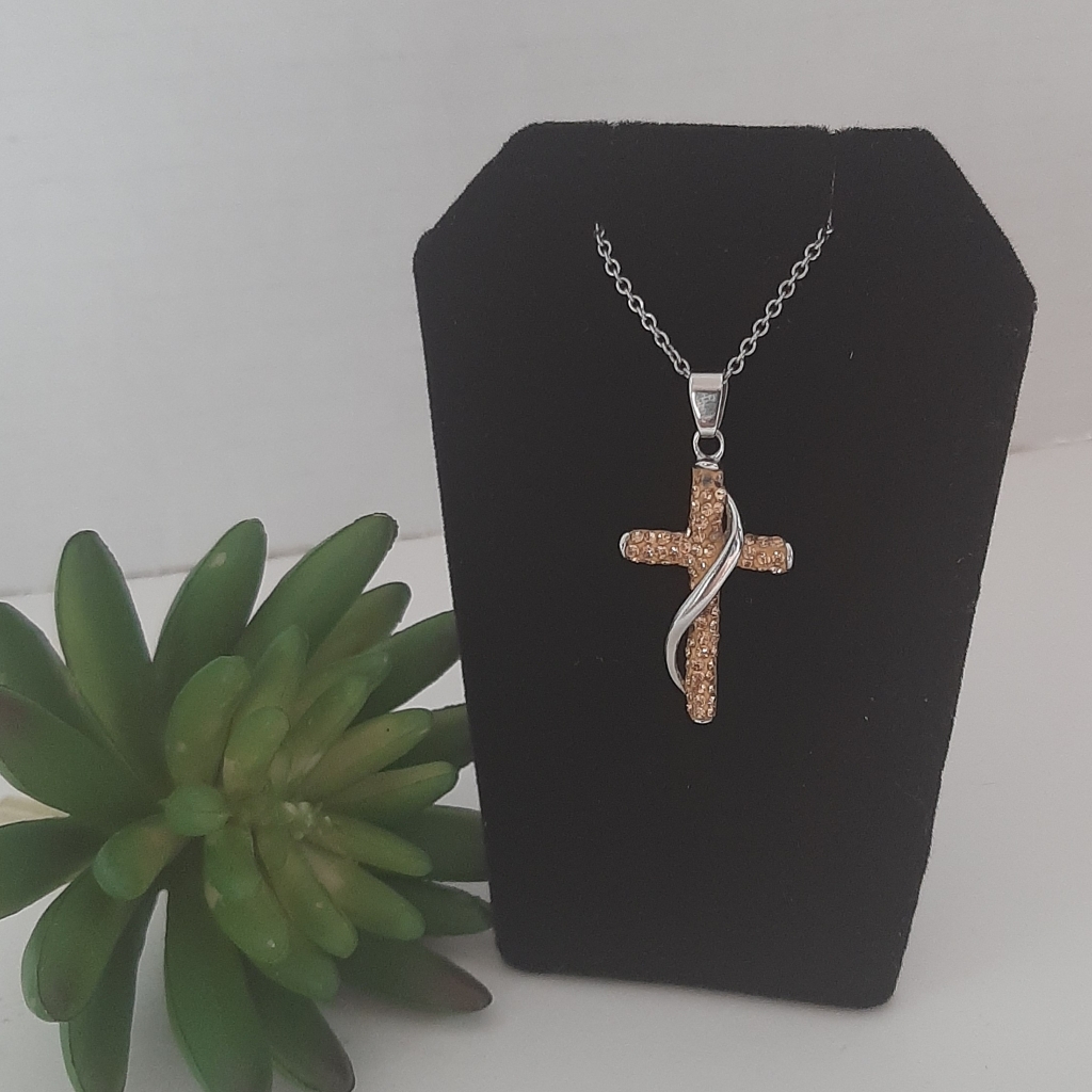 Women's Fashion Stainless Steel Golden Yellow Crystal Cross Pendant Necklace